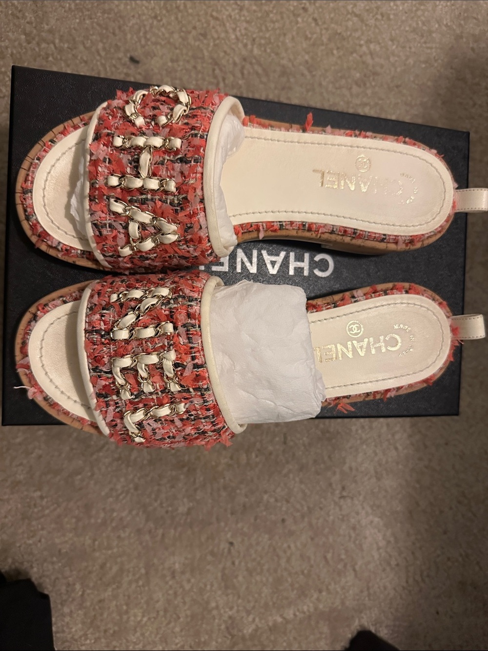 CHANEL Coral Tweed Slide Sandals with Gold Chain Logo - Picture 3 of 4